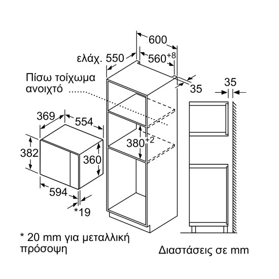 Εντοιχιζόμενος Φούρνος Μικροκυμάτων Pitsos PG30W75X2 με Grill 25lt