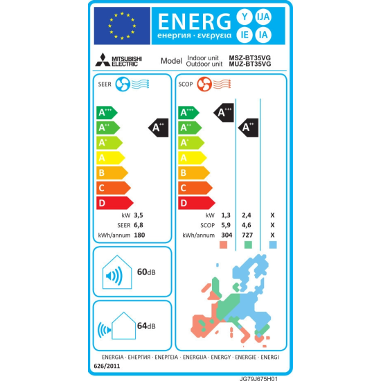 κλιματιστικό Mitsubishi Electric MSZ/MUZ-BT35VG(K) (R32,12000 BTU A++/A++ με WiFi)