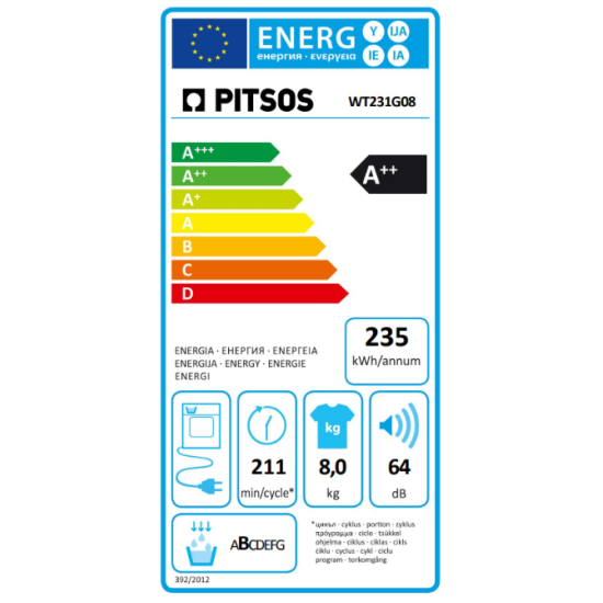 στεγνωτήριο Pitsos WT231G08(8kg,A++,με Αντλία Θερμότητας)