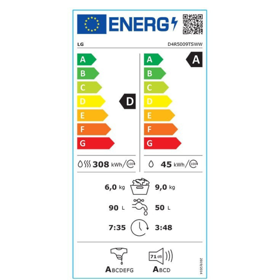 πλυντήριο στεγνωτήριο LG D4R5009TSWW(D/A,9&6kg,ατμού,turbo wash)